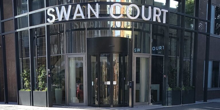external view of Swan Court with curved sliding door